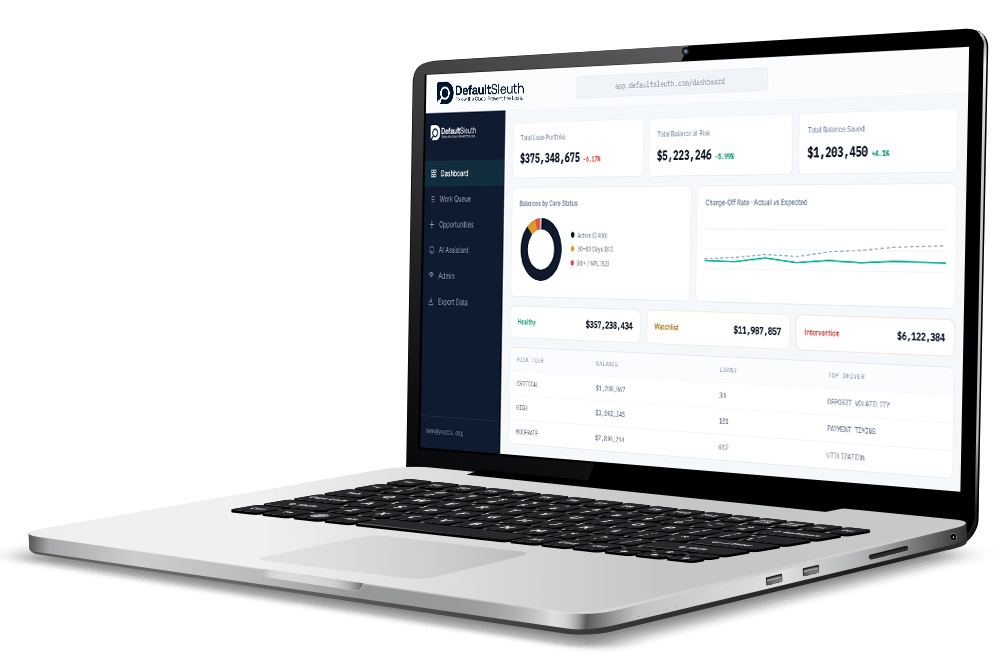 Laptop showing DefaultSleuth dashboard.